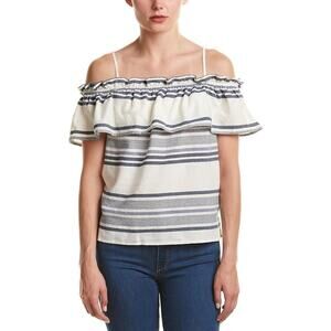 Splendid Womens Small Off-the-Shoulder Ruffle Overlay Blue/Off-White Striped Top